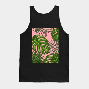 Tropical Plant Leaves Print on Pink Tank Top